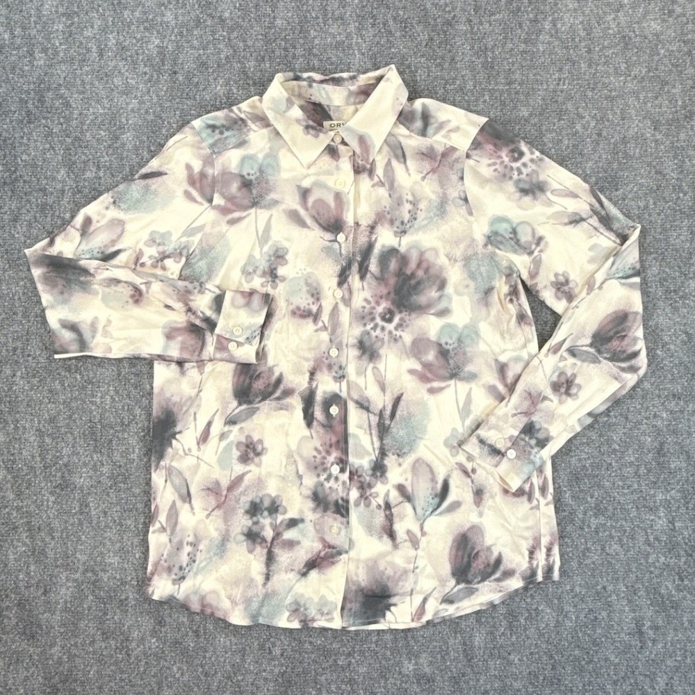 Orvis 100% Silk Watercolor Floral Button Down Blouse Purple Teal Womens Small